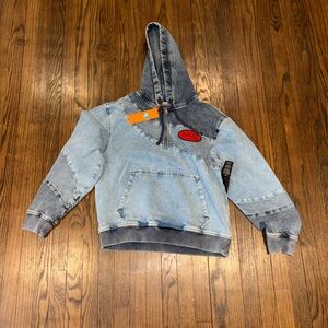 Vondutch Mens Denim-Look Hoodie with Patch Detail - Light & Dark Blue